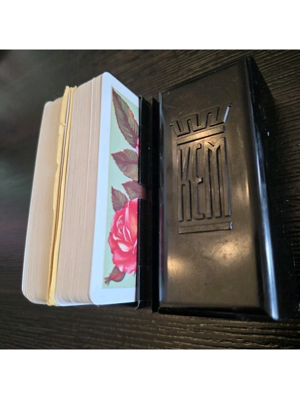Vintage KEM Double Deck Playing Cards Floral Roses Black Plastic Case EUC